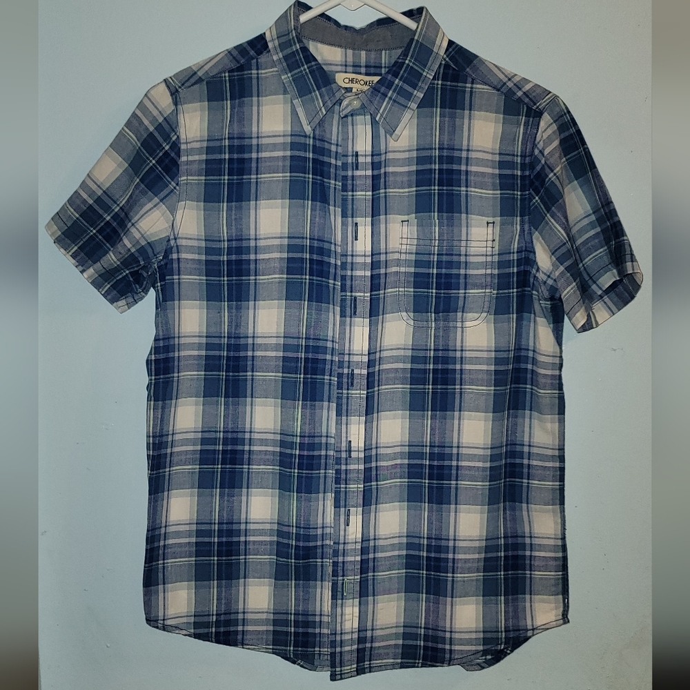 Cherokee plaid short sleeve button down shirt blue white collar